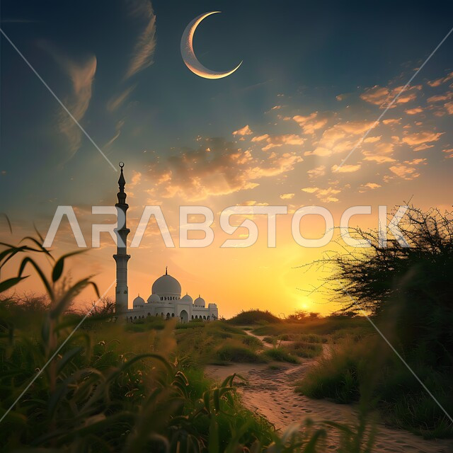  الديكورات والتصاميم الهندسية للمآذن والقبب على الطراز الإسلامي، منظر الهلال المضيء في السماء، الأماكن والمعالم الدينيه الإسلاميه في المملكه العربيه السعوديه، العباده والتقرب إلى الله, دعوة المسلمين إلى الصلاه، مسجد عند غروب الشمس