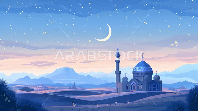 Worship and getting closer to God, calling Muslims to prayer, a mosque at night, decorations and engineering designs of minarets and domes in the Islamic style, the view of the shining crescent in the sky, Islamic religious places and landmarks in the Kingdom of Saudi Arabia