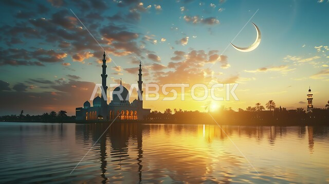  الديكورات والتصاميم الهندسية للمآذن والقبب على الطراز الإسلامي، منظر الهلال المضيء في السماء، الأماكن والمعالم الدينيه الإسلاميه في المملكه العربيه السعوديه، العباده والتقرب إلى الله, دعوة المسلمين إلى الصلاه، مسجد عند غروب الشمس