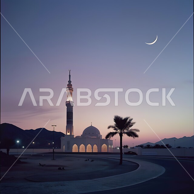 Worship and getting closer to God, calling Muslims to prayer, a mosque at night, decorations and engineering designs of minarets and domes in the Islamic style, the view of the shining crescent in the sky, Islamic religious places and landmarks in the Kingdom of Saudi Arabia