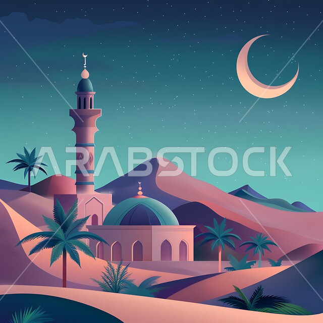 العباده والتقرب إلى الله, دعوة المسلمين إلى الصلاه، مسجد في وقت الليل, الديكورات والتصاميم الهندسية للمآذن والقبب على الطراز الإسلامي، منظر الهلال المضيء في السماء، الأماكن والمعالم الدينيه الإسلاميه في المملكه العربيه السعوديه
