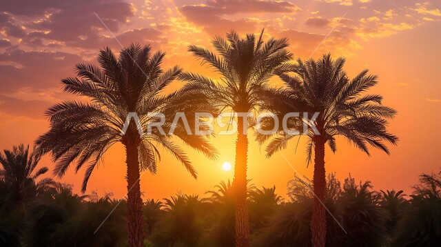 حقول واراضي زراعيه، منتج عربي محلي وطني، محصول التمر والرطب السعودي، صورة جوية لمزارع النخيل الخضراء في المملكة العربية السعودية، محميه طبيعيه لزراعة اشجار النخل وقت غروب الشمس