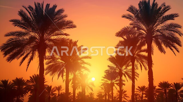 حقول واراضي زراعيه، منتج عربي محلي وطني، محصول التمر والرطب السعودي، صورة جوية لمزارع النخيل الخضراء في المملكة العربية السعودية، محميه طبيعيه لزراعة اشجار النخل وقت غروب الشمس