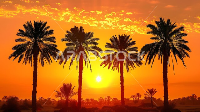 حقول واراضي زراعيه، منتج عربي محلي وطني، محصول التمر والرطب السعودي، صورة جوية لمزارع النخيل الخضراء في المملكة العربية السعودية، محميه طبيعيه لزراعة اشجار النخل وقت غروب الشمس