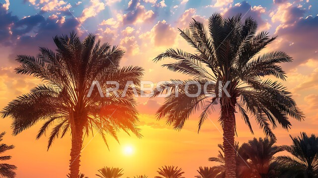 حقول واراضي زراعيه، منتج عربي محلي وطني، محصول التمر والرطب السعودي، صورة جوية لمزارع النخيل الخضراء في المملكة العربية السعودية، محميه طبيعيه لزراعة اشجار النخل وقت غروب الشمس