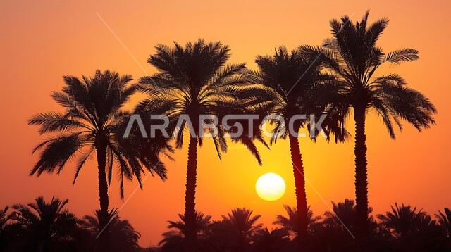 حقول واراضي زراعيه، منتج عربي محلي وطني، محصول التمر والرطب السعودي، صورة جوية لمزارع النخيل الخضراء في المملكة العربية السعودية، محميه طبيعيه لزراعة اشجار النخل وقت غروب الشمس