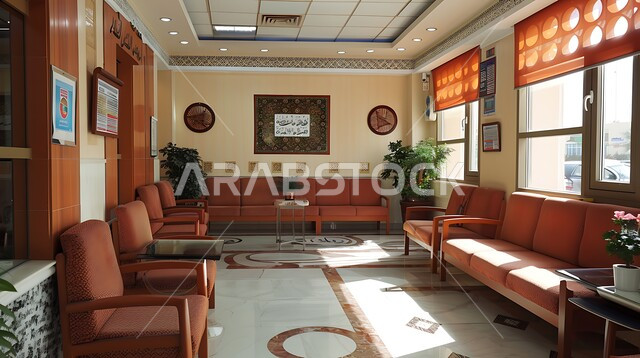 غرف شعبية لانتظار اطباء، الفن الهندسي المعماري على الطراز التراثي القديم، الديكورات والتصاميم للتحف والاكسسوارات الشعبية، ديوان عربي تقليدي يضم وسائد مريحة