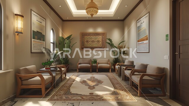 غرف شعبية لانتظار اطباء، الفن الهندسي المعماري على الطراز التراثي القديم، الديكورات والتصاميم للتحف والاكسسوارات الشعبية، ديوان عربي تقليدي يضم وسائد مريحة