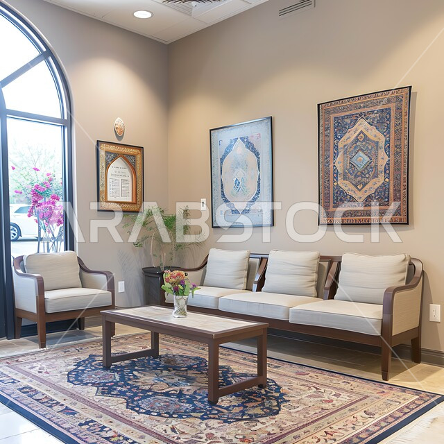 الديكورات والتصاميم للتحف والاكسسوارات الشعبية، ديوان عربي تقليدي يضم وسائد مريحة،غرف شعبية لانتظار اطباء، الفن الهندسي المعماري على الطراز التراثي القديم