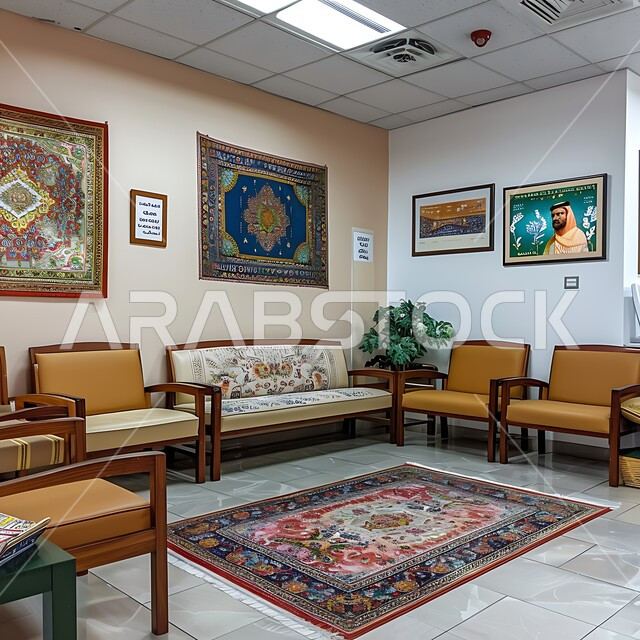 Decorations and designs for antiques and popular accessories, a traditional Arabic diwan with comfortable pillows, popular rooms for waiting for doctors, architectural art in the old heritage style