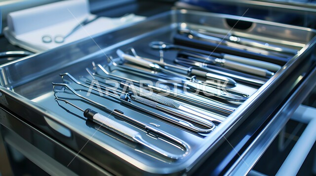 التدرب و التمرن على خياطة الجروح، صورة مقربة لأدوات طبية من الفولاذ المقاوم للصدأ تستخدم في العمليات الجراحية، الخبرة و المهارة في التطبيب