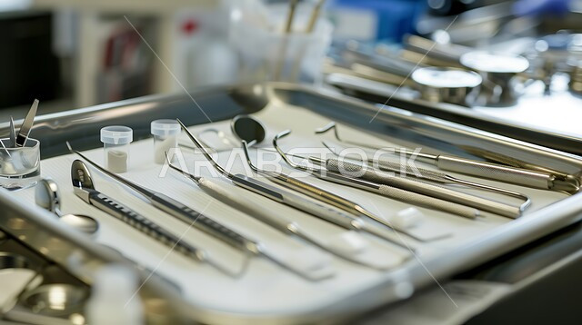 التدرب و التمرن على خياطة الجروح، صورة مقربة لأدوات طبية من الفولاذ المقاوم للصدأ تستخدم في العمليات الجراحية، الخبرة و المهارة في التطبيب