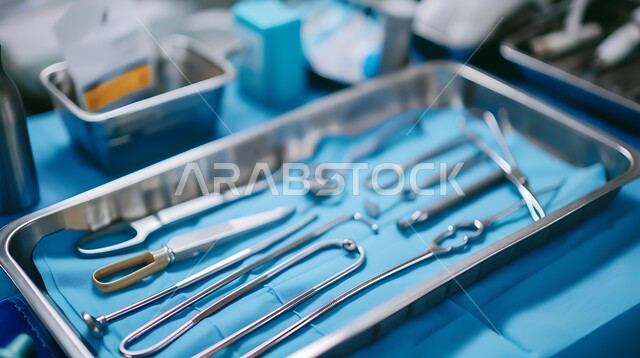 صورة مقربة لأدوات طبية من الفولاذ المقاوم للصدأ تستخدم في العمليات الجراحية، الخبرة و المهارة في التطبيب، التدرب و التمرن على خياطة الجروح