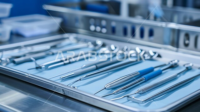 صورة مقربة لأدوات طبية من الفولاذ المقاوم للصدأ تستخدم في العمليات الجراحية، الخبرة و المهارة في التطبيب، التدرب و التمرن على خياطة الجروح