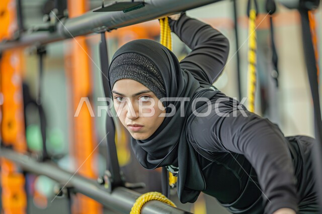 التدرب بجد وعزيمة للمحافظة على نظام الحياة الصحي, أنشطة رياضية تساعد على اللياقة البدنية, امرأة عربية خليجية سعودية محجبة ترتدي الملابس الرياضية تقوم برفع الأوزان الثقيلة, نادي رياضي نسائي في المملكة, أهمية الرياضة لجسد قوي سليم, أداء التمرينات بشكل منتظم