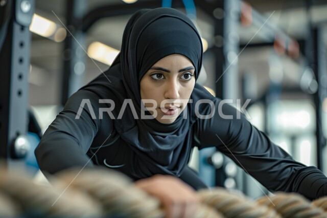 التدرب بجد وعزيمة للمحافظة على نظام الحياة الصحي, أنشطة رياضية تساعد على اللياقة البدنية, امرأة عربية خليجية سعودية محجبة ترتدي الملابس الرياضية تقوم برفع الأوزان الثقيلة, نادي رياضي نسائي في المملكة, أهمية الرياضة لجسد قوي سليم, أداء التمرينات بشكل منتظم