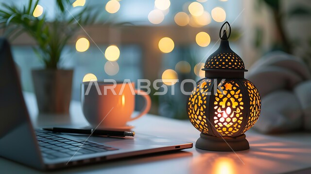 استخدام الاجهزة التقنية الحديثة في المكاتب، مهن ووظائف ادارية، الاحتفال بالشهر الفضيل، أجواء رمضانية روحانية، تحف وتصاميم وديكورات هندسية اسلامية، زينة وأنوار شهر الخير، طاولة عمل مجهزة باللوازم المكتبية ومصباح معدني تقليدي مضيء، العمل على الحاسوب المحمول