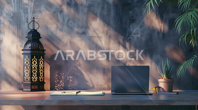  استخدام الاجهزة التقنية الحديثة في المكاتب، مهن ووظائف ادارية، الاحتفال بالشهر الفضيل، أجواء رمضانية روحانية، تحف وتصاميم وديكورات هندسية اسلامية، زينة وأنوار شهر الخير، طاولة عمل مجهزة باللوازم المكتبية ومصباح معدني تقليدي مضيء، العمل على الحاسوب المحمول