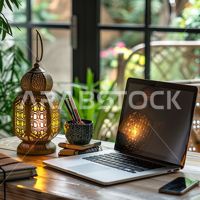 Using modern technical devices in offices, administrative professions and jobs, celebrating the holy month, spiritual Ramadan atmosphere, Islamic geometric antiques, designs and decorations, decorations and lights of the month of goodness, a work table equipped with office supplies and a traditional illuminated metal lamp, working on a laptop