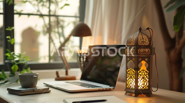  استخدام الاجهزة التقنية الحديثة في المكاتب، مهن ووظائف ادارية، الاحتفال بالشهر الفضيل، أجواء رمضانية روحانية، تحف وتصاميم وديكورات هندسية اسلامية، زينة وأنوار شهر الخير، طاولة عمل مجهزة باللوازم المكتبية ومصباح معدني تقليدي مضيء، العمل على الحاسوب المحمول