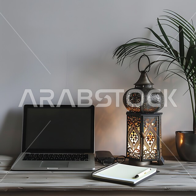 Using modern technical devices in offices, administrative professions and jobs, celebrating the holy month, spiritual Ramadan atmosphere, Islamic geometric antiques, designs and decorations, decorations and lights of the month of goodness, a work table equipped with office supplies and a traditional illuminated metal lamp, working on a laptop