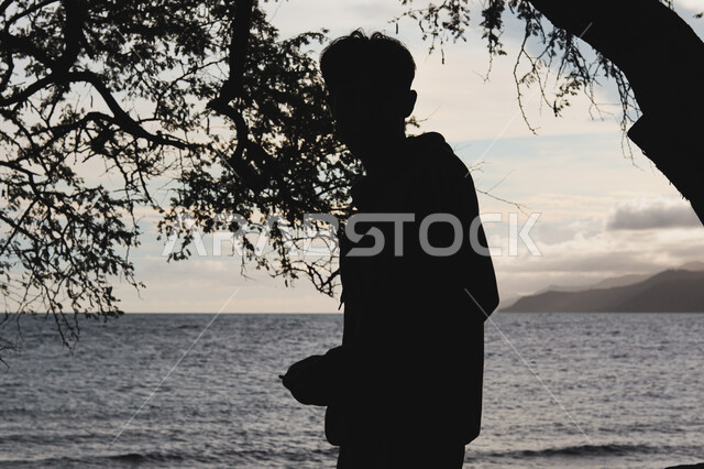 Having a good time contemplating the calm nature scenery, silhouette from behind of a young Saudi Arabian Gulf man standing on the sandy beach, enjoying the view of the sea coast, the waterfront and natural areas in the Kingdom of Saudi Arabia, summer outings and trips, Saluit