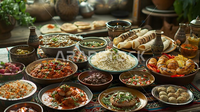 سفرة مليئة بأصناف المأكولات والمقبلات الشهية، الوجبات والأطباق الرئيسية على مائدة الطعام، مطاعم ومطابخ المملكة العربية السعودية، أنواع الأطعمة الشرقية على الموائد، وصفات الأكلات الشعبية