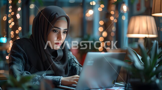 مهن ووظائف ادارية مكتبية، دمج العمل مع التقنية والتكنولوجيا، سيدة أعمال عربية خليجية سعودية محجبة تعمل على جهاز الحاسوب المحمول في إحدى المقاهي ، إدارة شؤون الأعمال وتنظيمها عبر الاجهزة التقنية