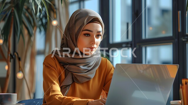 دمج العمل مع التقنية والتكنولوجيا، مهن ووظائف ادارية مكتبية، سيدة أعمال عربية خليجية سعودية محجبة تعمل على جهاز الحاسوب المحمول في إحدى المقاهي ، إدارة شؤون الأعمال وتنظيمها عبر الاجهزة التقنية