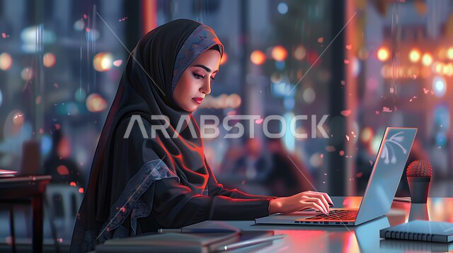 دمج العمل مع التقنية والتكنولوجيا، مهن ووظائف ادارية مكتبية، سيدة أعمال عربية خليجية سعودية محجبة تعمل على جهاز الحاسوب المحمول في إحدى المقاهي ليلا، إدارة شؤون الأعمال وتنظيمها عبر الاجهزة التقنية