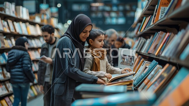 الشغف بالقراءة والاطلاع على كل ما هو جديد، ام عربية خليجية سعودية محجبة تجلس مع ابنها في محل بيع الكتب يقومان بتصفح الكتاب بإيماءات الفرح والسعادة, الأرفف المليئة بالقصص والروايات والمجلدات الأدبية