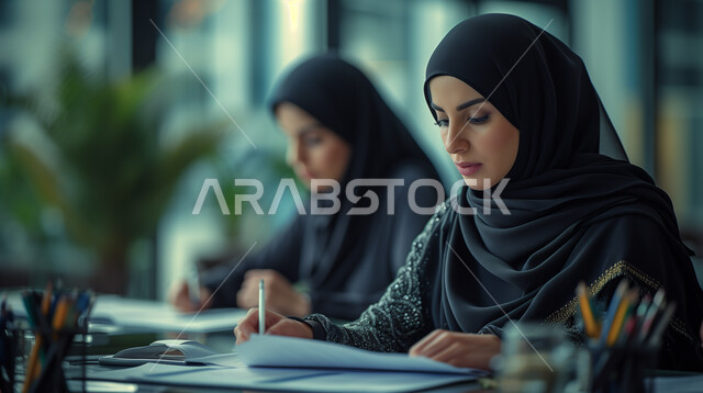 مهن ووظائف ادارية مكتبية نسائية, مفهوم إدارة شؤون الأعمال وتنظيمها، تطوير الخطط وحل المشكلات لتحقيق أهداف الشركة، صورة مقربة لسيدة اعمال عربية خليجية سعودية ترتدي الحجاب تقوم بالكتابة على ورق البيانات والمعلومات داخل المكتب