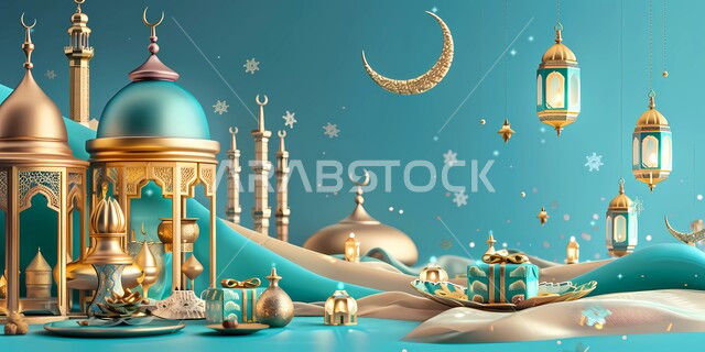 Ramadan decorations and lights, a set of traditional colorful Arabic lanterns illuminated with the crescent moon, distinctive antiques and accessories to celebrate the arrival of the month of goodness, hanging metal lamps in the spiritual Ramadan atmosphere