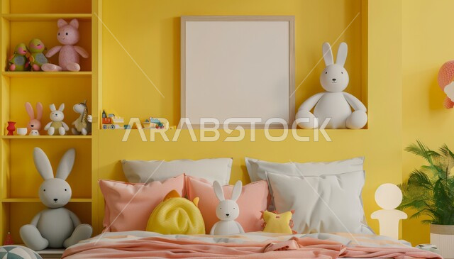 Interest in toys and ornamental plants, modern decorations and designs in modern style, blank white board hanging on the wall, children's bedroom with simple decoration, high-end home furniture, residential apartments and villas in the Kingdom of Saudi Arabia