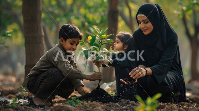 زراعة الخضراوات الطبيعية، أراضي ومحاصيل زراعية، ثمار وطنية محليه، الاهتمام في النباتات الخضراء في المملكة العربية السعودية، عائلة عربية خليجية سعودية تقوم بزرع الشتلات في المزرعه، قضاء اوقات ممتعة مع الاسرة