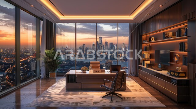 مكتب عمل بواجهه زجاجية كبيرة، تصميم عصري حديث لمكاتب الشركات السعودية، غرفة مكتبية بتصاميم داخلية وديكورات راقية مع اثاث فاخر ومريح، الفن الهندسي المعماري المتطور، غرف القراءة والجلوس