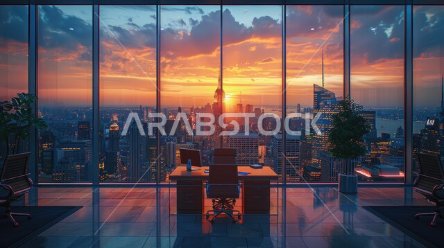 Office desk with large glass front, modern contemporary design for Saudi corporate offices, office room with elegant interior designs and decorations with luxurious and comfortable furniture, advanced architectural engineering art, reading and sitting rooms