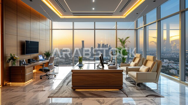 تصاميم داخلية وديكورات راقية مع اثاث فاخر ومريح للغرف مكتبية ، الفن الهندسي المعماري المتطور، غرفة القراءة والجلوس، مكتب عمل بواجهه زجاجية كبيرة، تصميم عصري حديث لمكاتب الشركات السعودية
