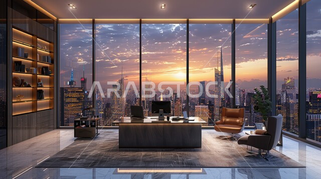 تصاميم داخلية وديكورات راقية مع اثاث فاخر ومريح للغرف مكتبية ، الفن الهندسي المعماري المتطور، غرفة القراءة والجلوس، مكتب عمل بواجهه زجاجية كبيرة، تصميم عصري حديث لمكاتب الشركات السعودية