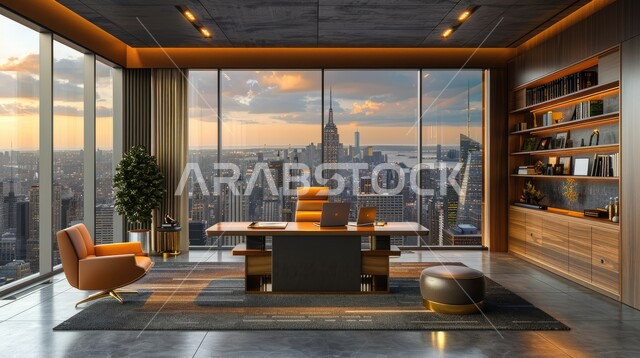 مكتب عمل بواجهه زجاجية كبيرة، تصميم عصري حديث لمكاتب الشركات السعودية، غرفة مكتبية بتصاميم داخلية وديكورات راقية مع اثاث فاخر ومريح، الفن الهندسي المعماري المتطور، غرف القراءة والجلوس