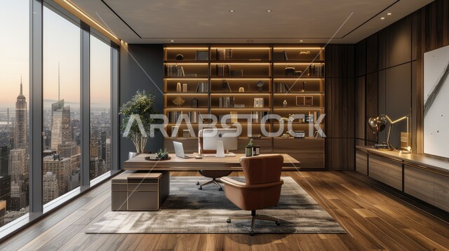 تصاميم داخلية وديكورات راقية مع اثاث فاخر ومريح للغرف مكتبية ، الفن الهندسي المعماري المتطور، غرفة القراءة والجلوس، مكتب عمل بواجهه زجاجية كبيرة، تصميم عصري حديث لمكاتب الشركات السعودية