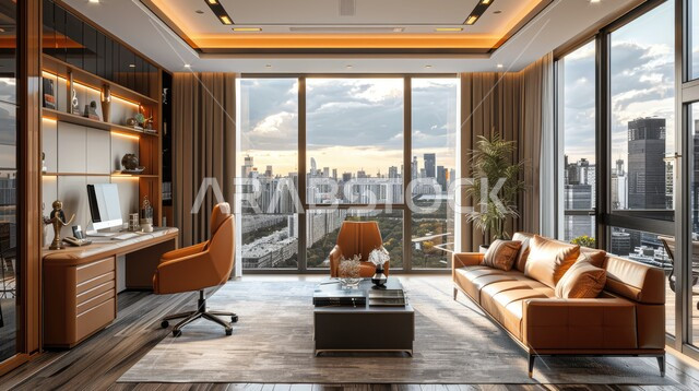 Advanced architectural engineering art, reading and sitting room, office desk with large glass front, modern contemporary design for Saudi corporate offices, upscale interior designs and decorations with luxurious and comfortable furniture for office rooms