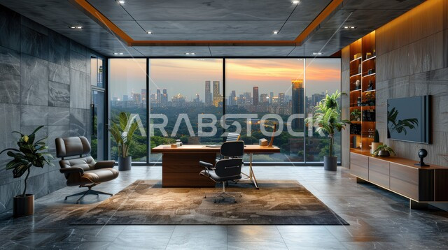 Reading and sitting rooms, office desk with large glass front, modern contemporary design for Saudi corporate offices, office room with elegant interior designs and decorations with luxurious and comfortable furniture, advanced architectural engineering art