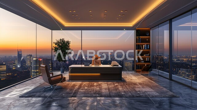 Office rooms with elegant interior designs and decorations with luxurious and comfortable furniture, advanced architectural engineering art, reading and sitting rooms, office with large glass facade, modern contemporary design for Saudi company offices