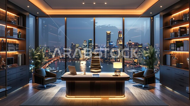Reading and sitting rooms, office desk with large glass front, modern contemporary design for Saudi corporate offices, office room with elegant interior designs and decorations with luxurious and comfortable furniture, advanced architectural engineering art
