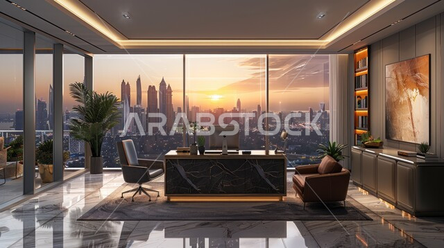 تصميم عصري حديث لمكاتب الشركات السعودية، غرف مكتبية بتصاميم داخلية وديكورات راقية مع اثاث فاخر ومريح، الفن الهندسي المعماري المتطور، غرف القراءة والجلوس، مكتب عمل بواجهه زجاجية كبيرة