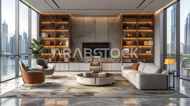  غرف القراءة والجلوس، مكتب عمل بواجهه زجاجية كبيرة، تصميم عصري حديث لمكاتب الشركات السعودية، غرفة مكتبية بتصاميم داخلية وديكورات راقية مع اثاث فاخر ومريح، الفن الهندسي المعماري المتطور