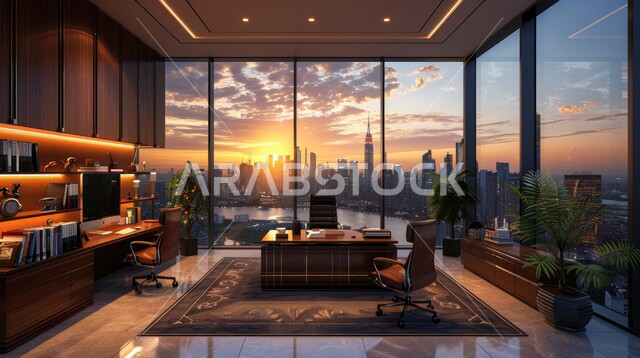  غرف القراءة والجلوس، مكتب عمل بواجهه زجاجية كبيرة، تصميم عصري حديث لمكاتب الشركات السعودية، غرفة مكتبية بتصاميم داخلية وديكورات راقية مع اثاث فاخر ومريح، الفن الهندسي المعماري المتطور