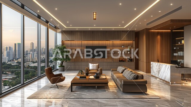  غرف القراءة والجلوس، مكتب عمل بواجهه زجاجية كبيرة، تصميم عصري حديث لمكاتب الشركات السعودية، غرفة مكتبية بتصاميم داخلية وديكورات راقية مع اثاث فاخر ومريح، الفن الهندسي المعماري المتطور