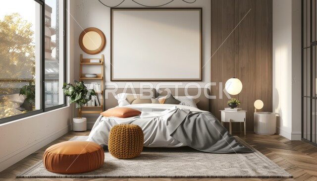 واجهة زجاجية مطلة على الطبيعة، غرفة نوم الأبناء بديكور بسيط، الاهتمام بنبات الزينة، الديكورات والتصاميم العصرية على الطراز الحديث، لوحة بيضاء فارغة معلقة على الجدار، الأثاث المنزلي الراقي، الشقق والفلل السكنية في المملكة العربية السعودية